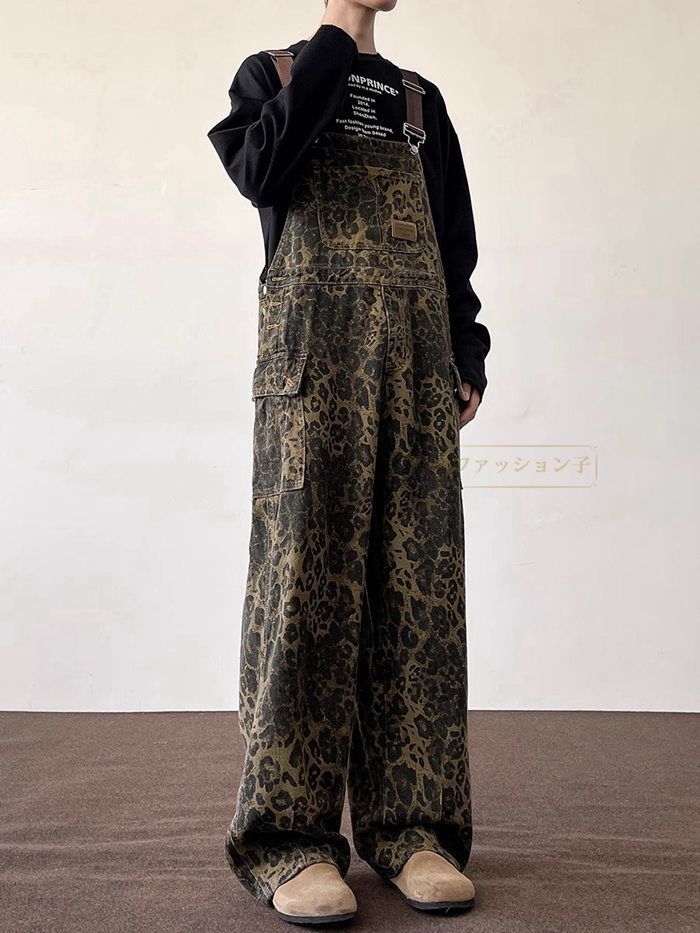 オーバーオール メンズ 豹柄 ワイドパンツ デニムパンツ ビッグパンツ ロングパンツ 豹柄 パンツ大きいサイズ 作業着 サロペット ゆったり カジュアル おしゃれ gjdz rw8I458
