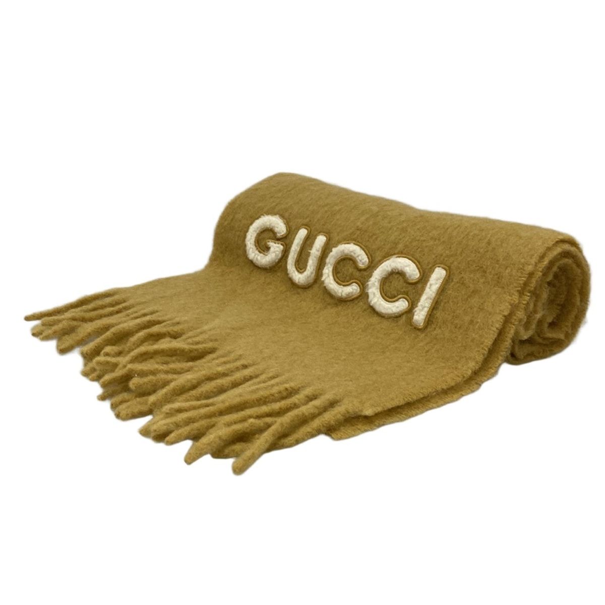 GUCCI グッチ マフラー - ライトブラウン×アイボリー ロゴ ウール