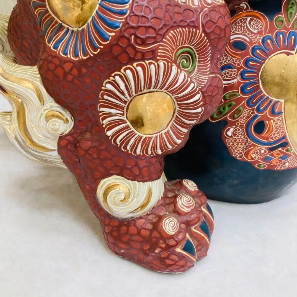 A【骨董品】九谷焼 九谷焼 獅子 シーサー 高さ約40cm 大きめ 縁起物