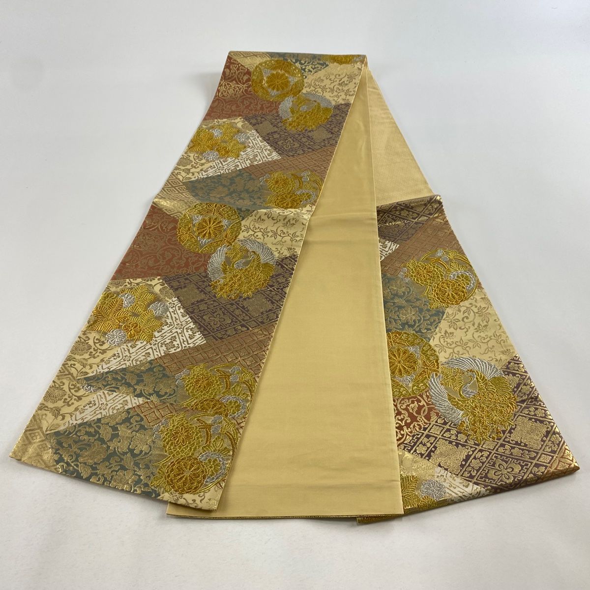 袋帯 美品 秀品 花丸文 鶴 金銀糸 箔 金色 六通 正絹 【中古