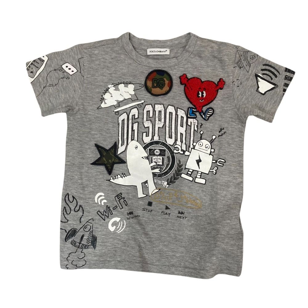 DOLCE-GABBANA ドルチェ-ガッバーナ ワッペン プリント 半袖 Tシャツ カットソー キッズ 子供服 18-24 グレー キッズ 古着