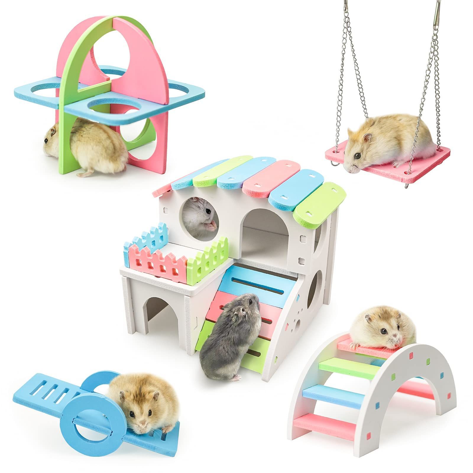 【新着商品】5点セット ハムスター ハウス ハムスター ケージ 小動物用 おもちゃ 面白い 玩具 レインボーブリッジ ブランコとPVCシーソー ペットスポーツ かわいい 小屋 遊び場 ストレス解消