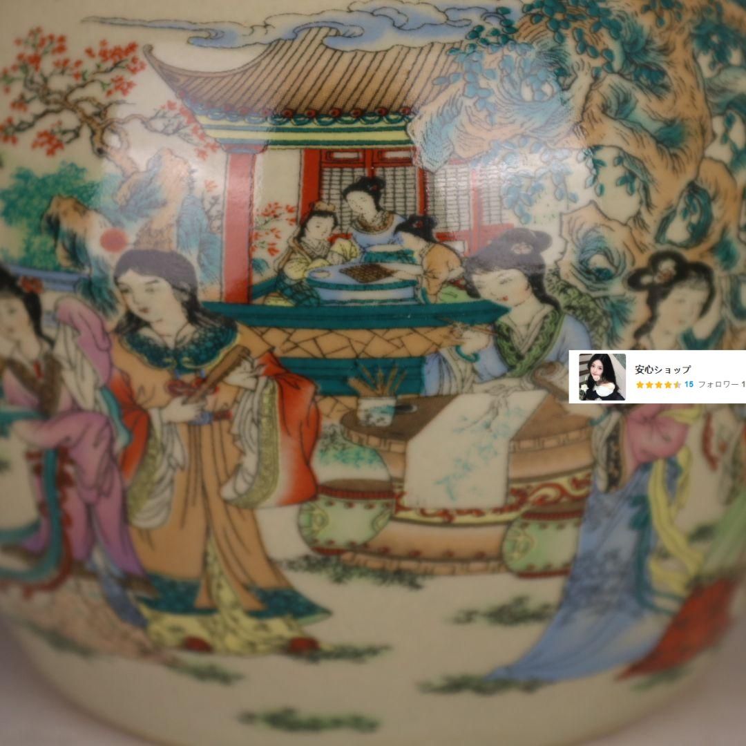 粉彩豆青釉十二金釵蓋缶 茶缶 茶道具 現代工芸品 美術品 置物