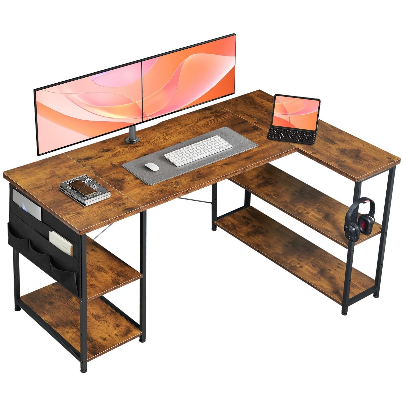 商品YeTom l字デスク ゲーミングデスク デスク 幅150cm pcデスク コーナーデスク 棚板高さ調節 収納袋付き L字型 PC 勉強机 作業 在宅勤務 リモートワーク ゲーム 書斎 収納ラック付き ビンテージ