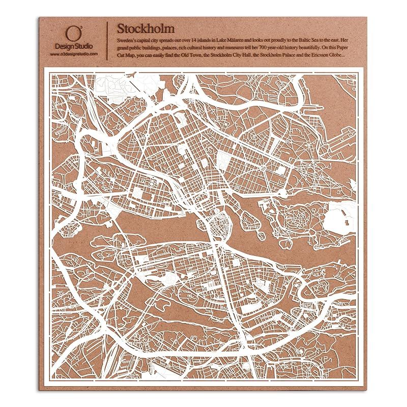 ストックホルム切り絵地図、白、30x30センチ、オリジナルデザインペーパーアート、アイデアギフト