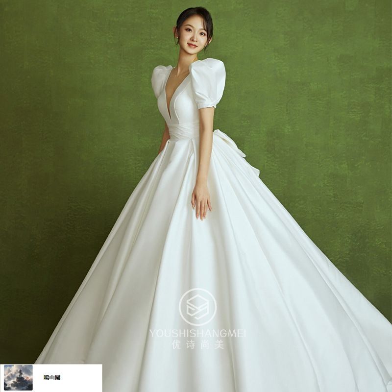 送料無料 サテン素材 宮廷風フレンチクラシック 小柄花嫁向けシンプルエレガント ロングトレーン付き主婚 !-利用不可文字-! ドレス-8.15LYC680夏の新生活