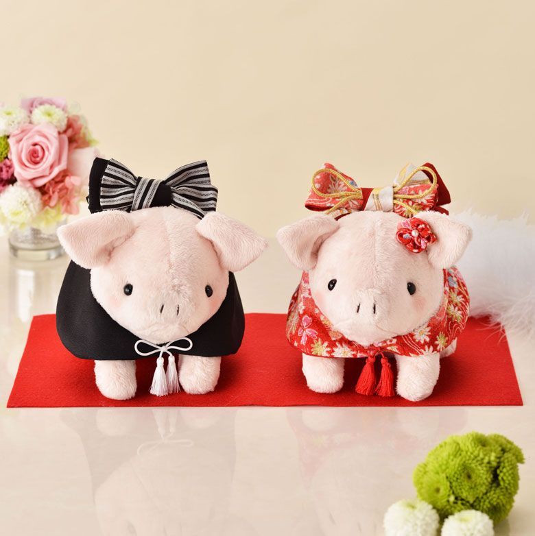 毛氈付き 和装とんちゃん 手作りキット ピンク 赤い着物 ぶた ぬいぐるみ ウェディングドール