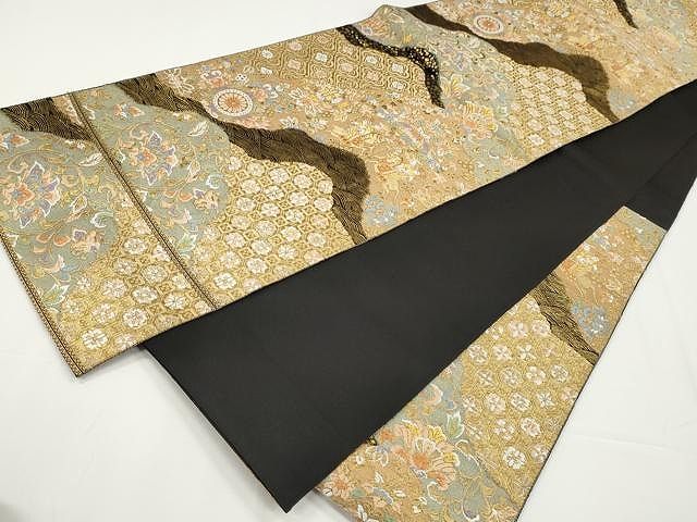 西陣 川島織物 生成ベージュ 唐織 花唐草 袋帯 六通 美品