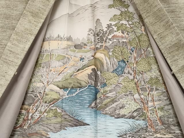 平和屋着物□極上 男性 紬 アンサンブル キングサイズ 色無地 利休色