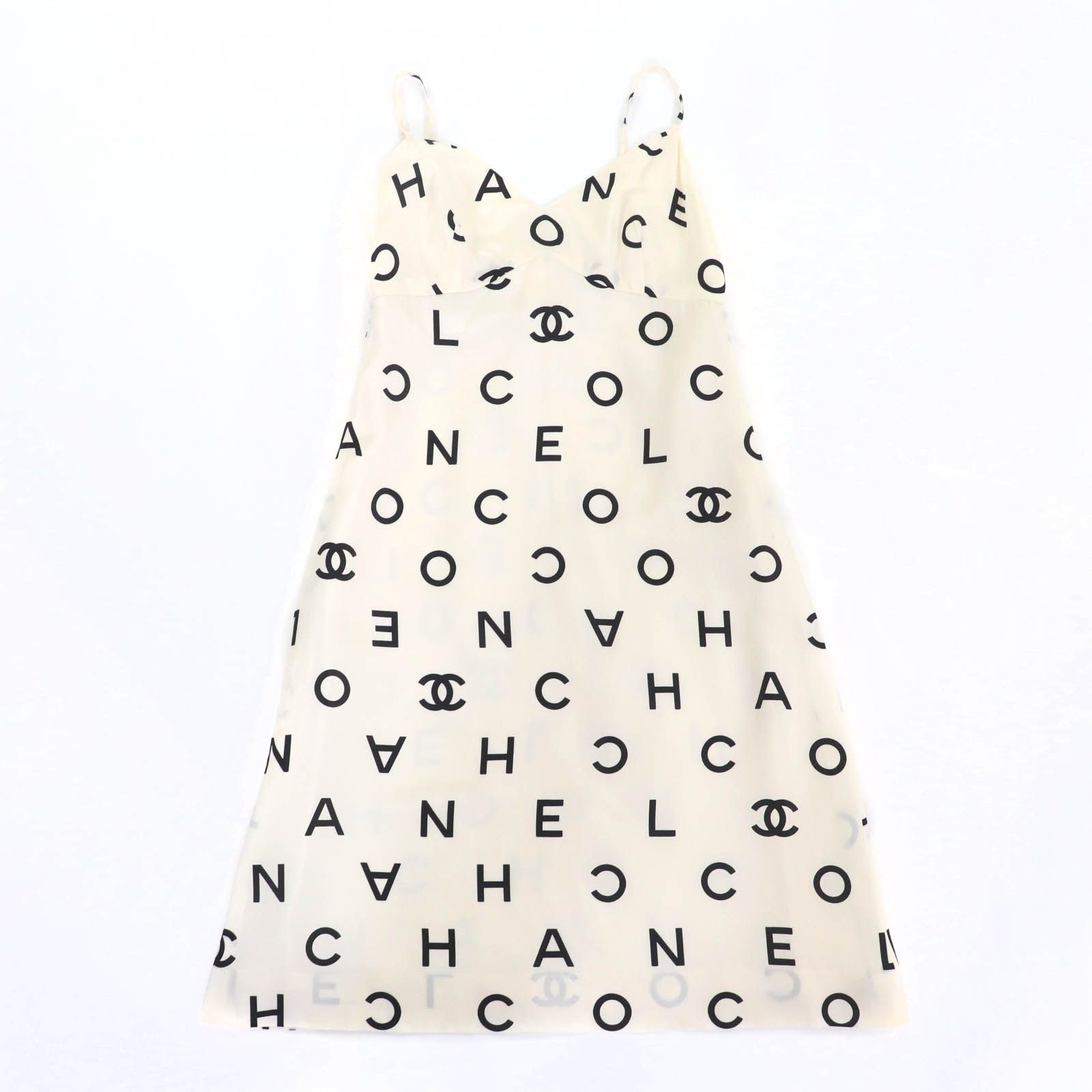 CHANEL BOUTIQUE シャネルブティック ヴィンテージ 97P P07977 シルク ロゴ総柄 ココマークボタン ミニ ドレス アイボリー ブラック 36 フランス製 正規品 レディース