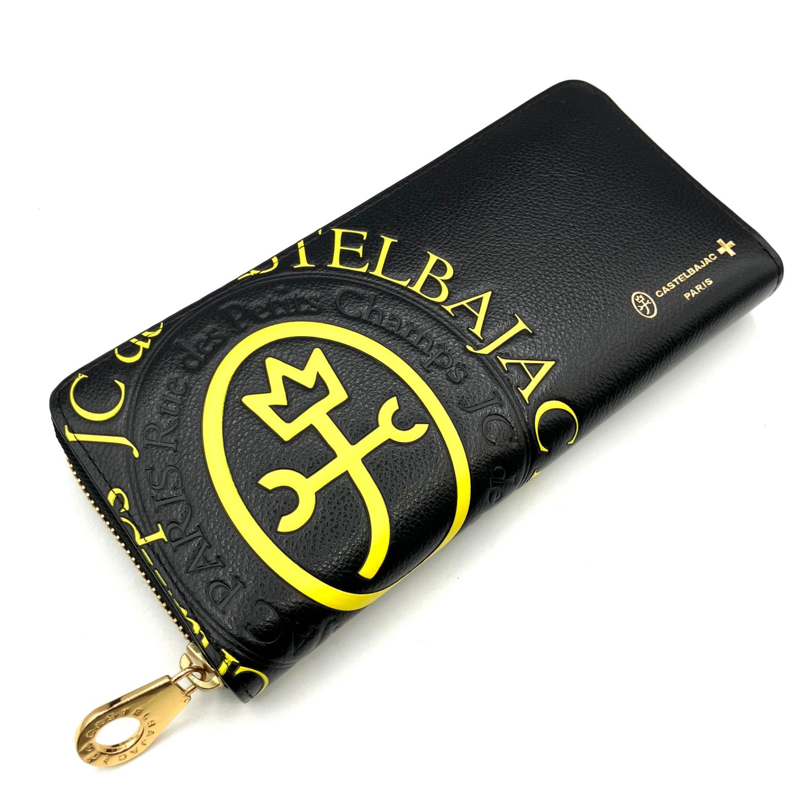 鑑定済み カステルバジャック CASTELBAJAC ラウンドファスナー長財布 ブラック イエロー レザー ロゴ ゴールド金具