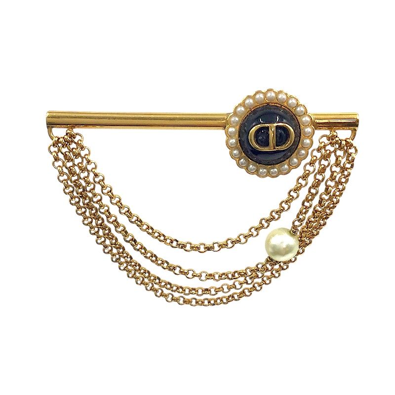 クリスチャン ディオール Christian Dior Petit CD Baroque ブローチ イエローゴールド メタル フェイクパール アクセサリー
