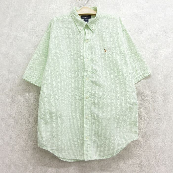 古着 ラルフローレン 半袖 ブランド シャツ キッズ ボーイズ 子供服 90s ワンポイントロゴ シアサッカー コットン ボタンダウン 緑他 グリ