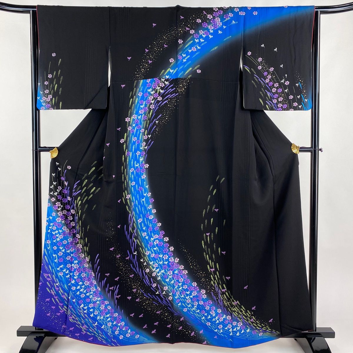 訪問着 身丈160cm 裄丈63cm S 袷 鈴乃屋 草花 金彩 染め分け 黒 正絹  