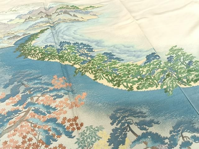 平和屋着物○色留訪問着 寿光織 風景花松文 金糸 さが美扱い