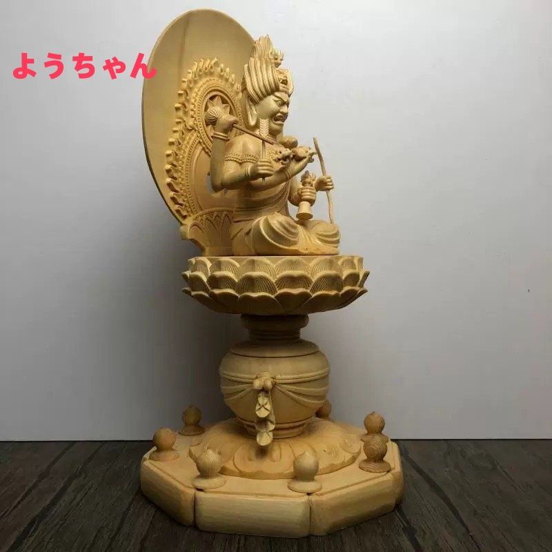 最高級 木彫り 仏像 愛染明王座像 一刀彫 天然木檜材 彫刻 仏教工芸 至極の木工 総檜材 木彫仏像 仏教美術 精密細工 仏師で仕上げ品