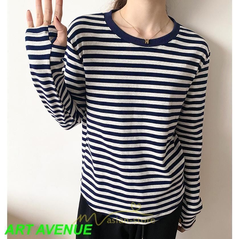 春物 レディース Ｔシャツ カットソー 長袖 トップス 綿 ボーダー シンプル プルオーバー リブ 柔らか 丸ネック ストレッチ 微伸縮 スリム 美ライン 20代30代 春物 レディース Tシャツ カットソー 長袖 トップス 綿