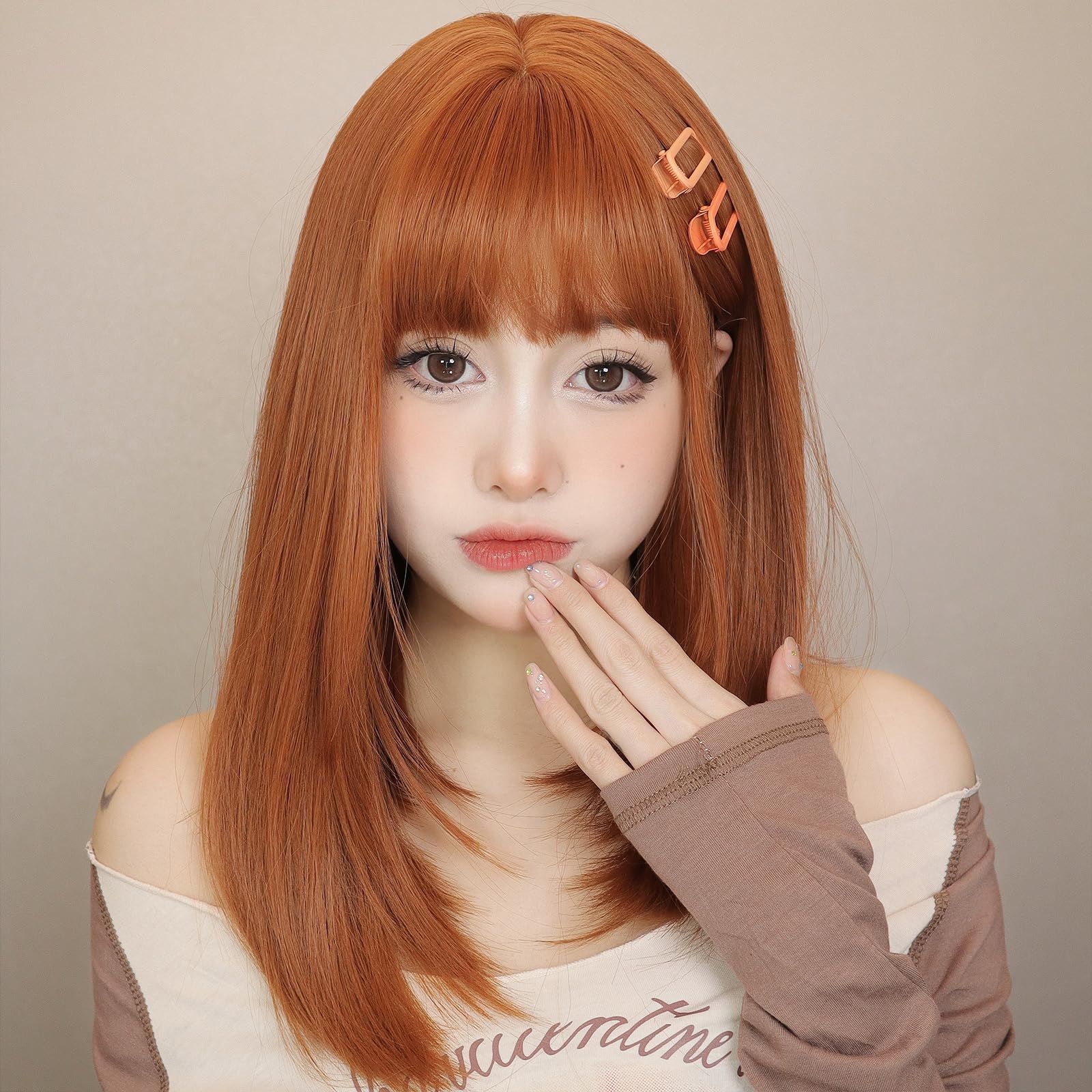 【数量限定】耐熱 小顔 レイヤー 自然 wig レディース ストレート ミディアム ネット付き ウィッグ ウィッグ 女装 フルウィッグ オレンジ 女性 かつら セミロング EMMOR