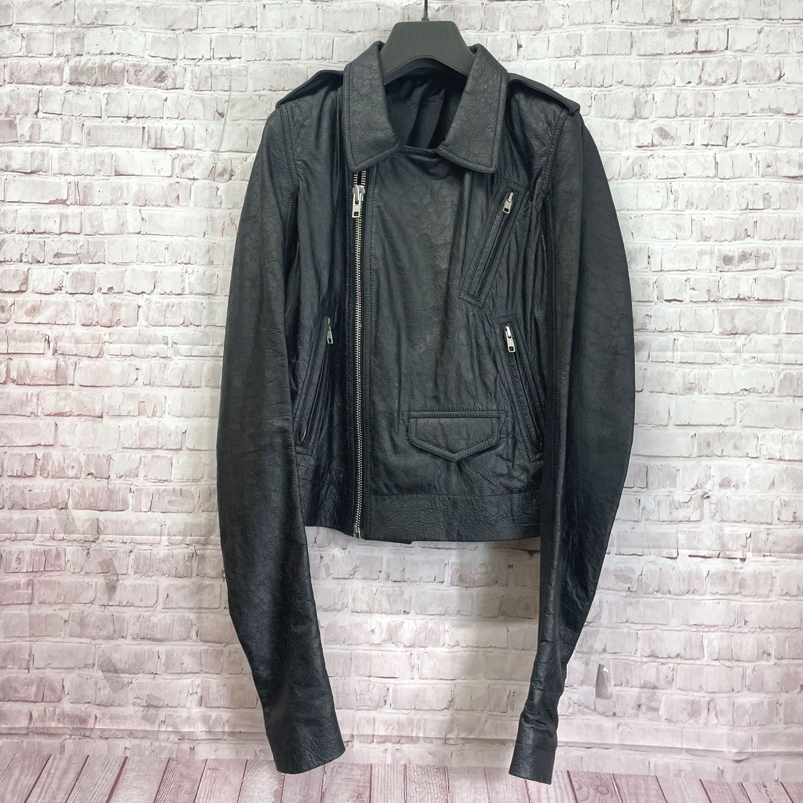 本物 ランウェイ リックオウエンス リブ切替 レザージャケット 黒 40 rick owens黒 レザージャケット 40