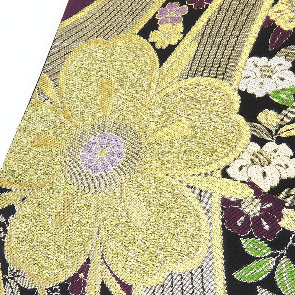 中古】 袋帯 正絹(金銀糸除く) パープル ゴールド ブラック 振袖 訪問  