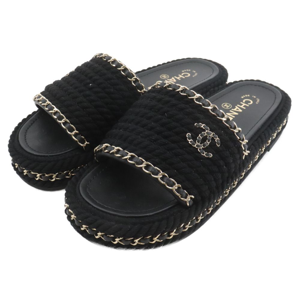 室内履きのみ　美品　CHANEL チェーン ツイード レザー サンダル ブラック 室内履きのみ美品CHANEL チェーン ツイード レザー サンダル ブラック