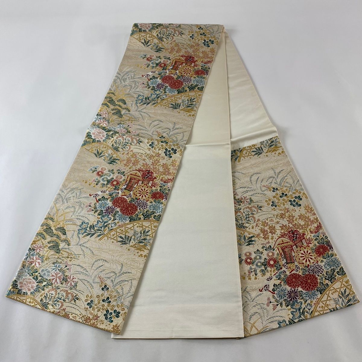 特定のお客様用◆S452◆袋帯 菱屋善兵衛 秋草 金糸 六通 着物帯　送料無料 1573］袋帯 鳳凰草花御簾文様 金彩 六通 未仕立て 正絹 着物