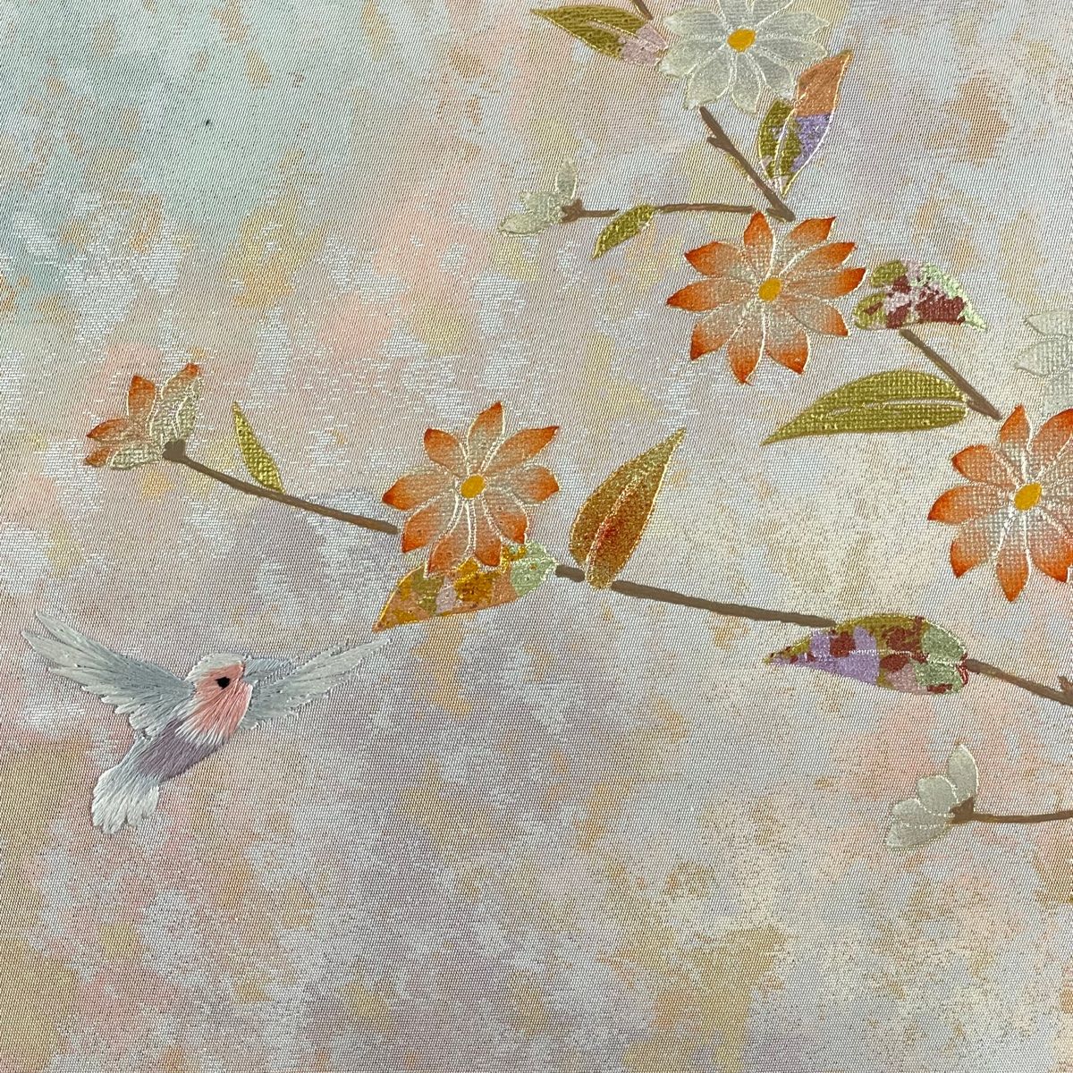 名古屋帯 美品 優品 草花 鳥 金銀彩 箔 ピンクベージュ 正絹