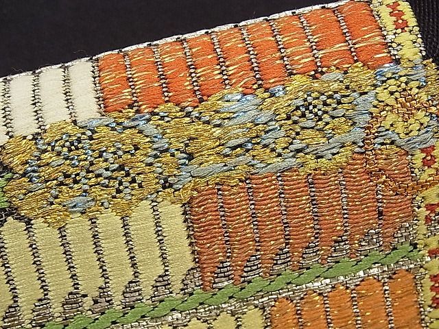 平和屋本店□最高級 龍村平蔵製 六通柄 本袋帯 唐織 威毛錦 黒地 金  