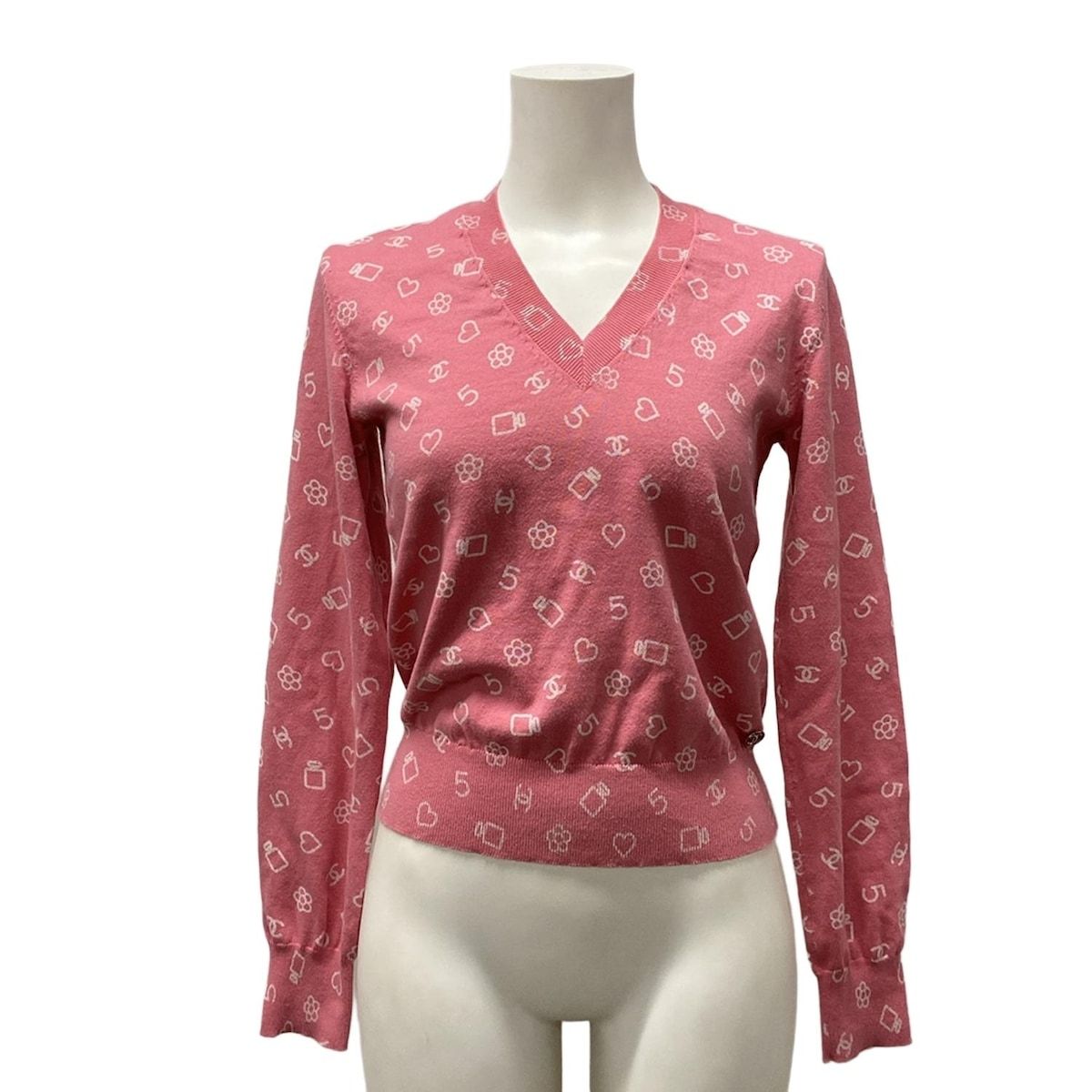 CHANEL シャネル 長袖セーター サイズ34 S レディース - P74102 ピンク×白 Vネック 2025-23年クルーズ コットン