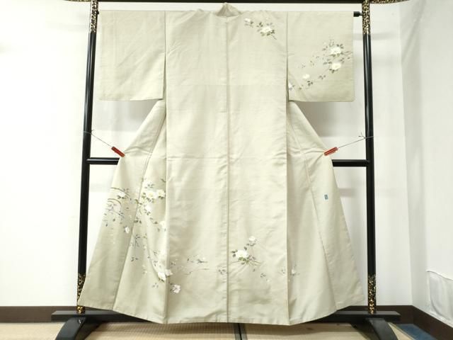 訪問着　正絹　着物　紬　越村幸雪　作家物　やや汚れ有り特価！ 平和屋着物○十日町友禅作家 越村幸雪 訪問着 白山紬 枝花文 練