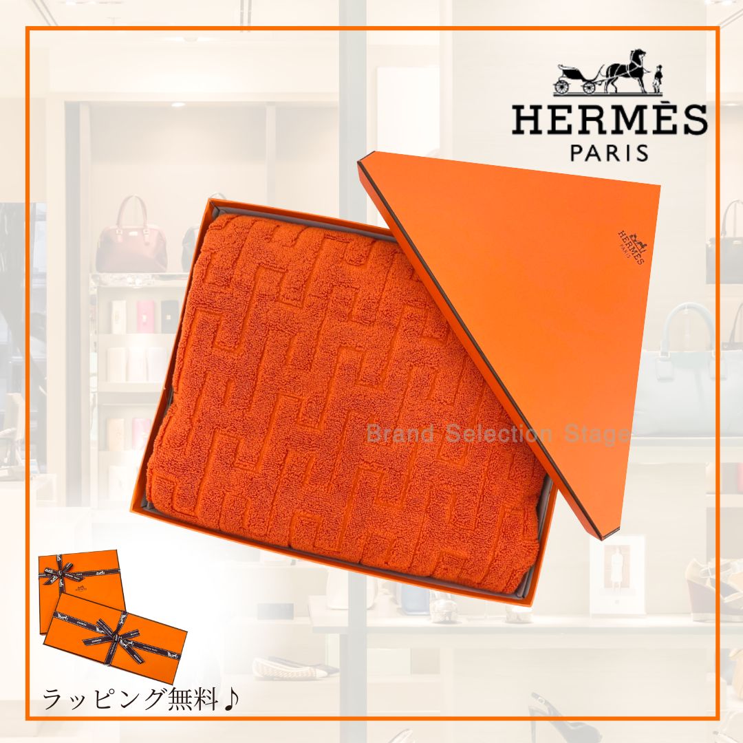 エルメス HERMES 大判 バスタオル タオルケット フェイスタオル おくるみ ステアーズ オランジュ フー オレンジ コットン 綿 100％ フランス製 H103192M 05