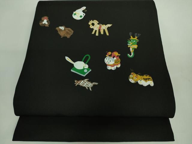 平和屋着物■極上　銀座もとじ　塩瀬　九寸開き名古屋帯　十二支　干支　黒地　たとう紙付き　逸品　未使用　DZAA8283kh5 平和屋着物□極上 銀座もとじ 塩瀬 九寸開き名古屋帯 十二支 干支 黒地