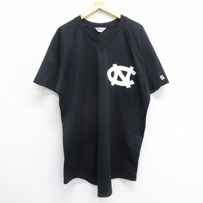 XL/古着 半袖 ビンテージ Tシャツ メンズ 90s ノースカロライナターヒールズ ラグラン 大きいサイズ ロング丈 メッシュ地 Vネック 黒 ブラ