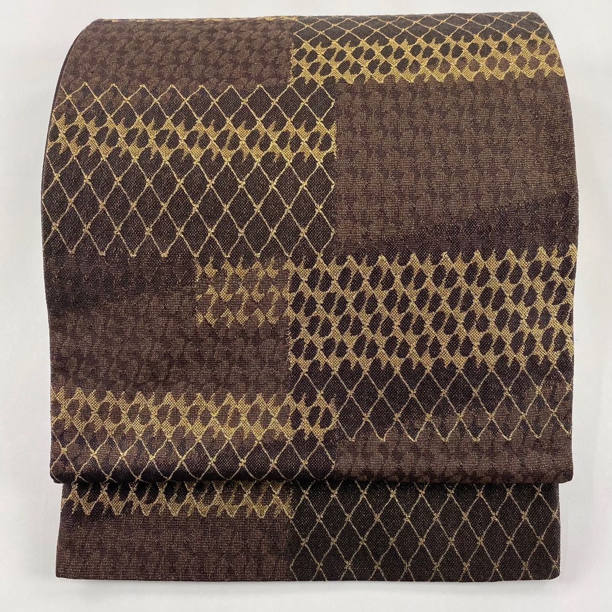 袋帯 美品 秀品 菱格子 幾何学模様 金糸 茶紫 六通 正絹 【中古