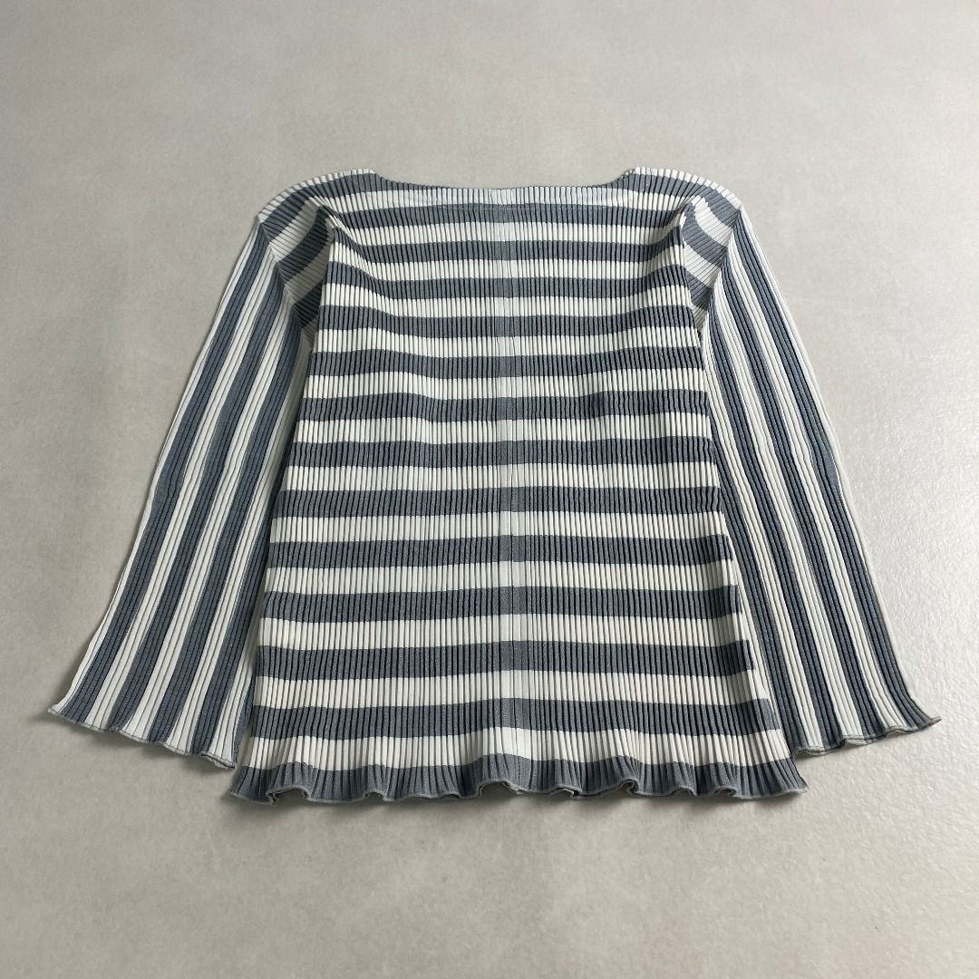 イッセイミヤケ カットソー ボーダー プリーツ M ISSEY MIYAKE グレー×ホワイト