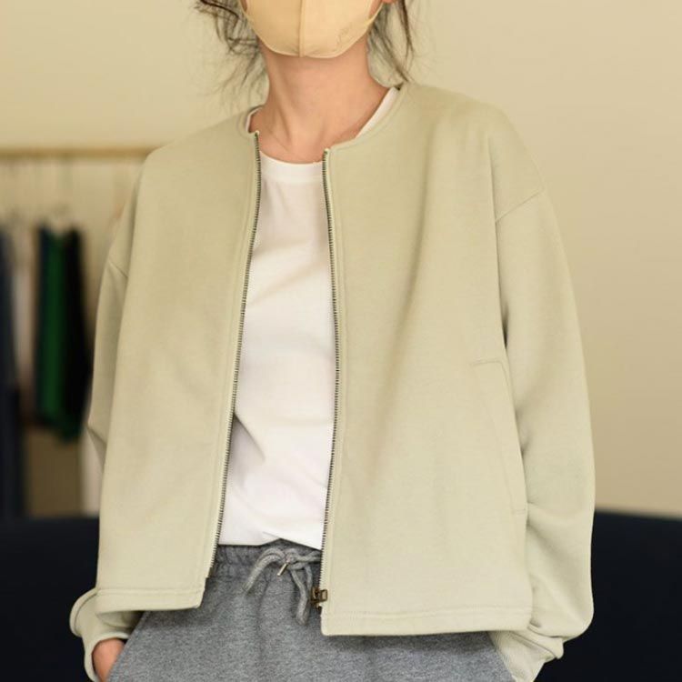 ノーカラージャケット ショート丈 レディース スウェット ジップ