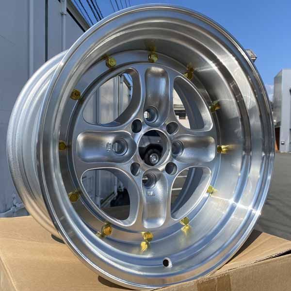 15インチ 数量 商品 ホイール4本セット 15×8J ±0 PCD 100 114.3 4穴 深リム 4本スポーク 旧車 スポーツカー ドリ車 ローダウン など カスタムサイズ シルバー 銀 ゴールドビス
