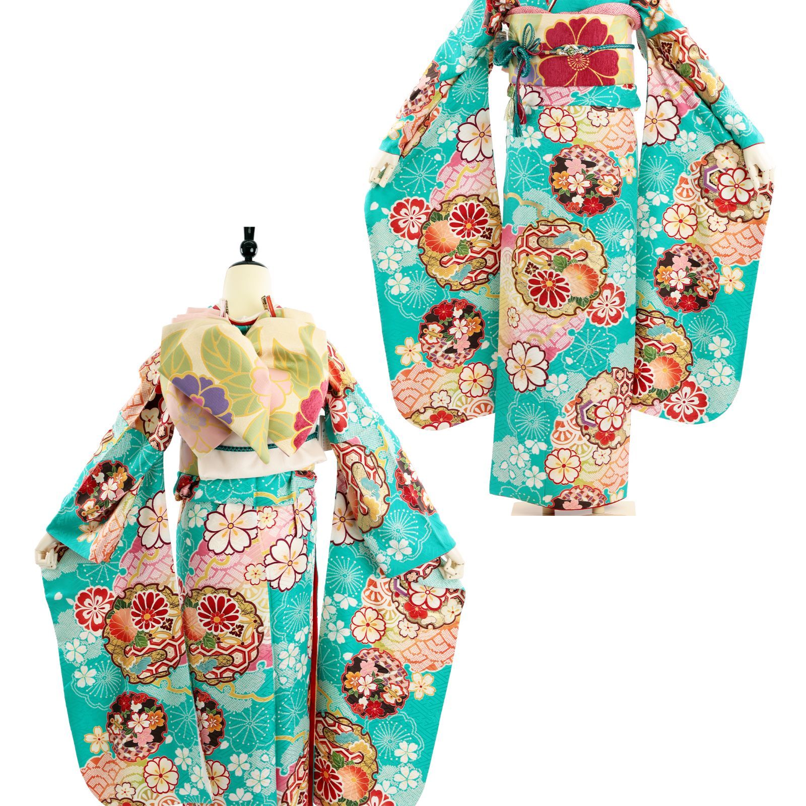 振袖 振袖セット USED振袖 水色 レトロ 古典柄 雪輪 鹿の子 7点フル  