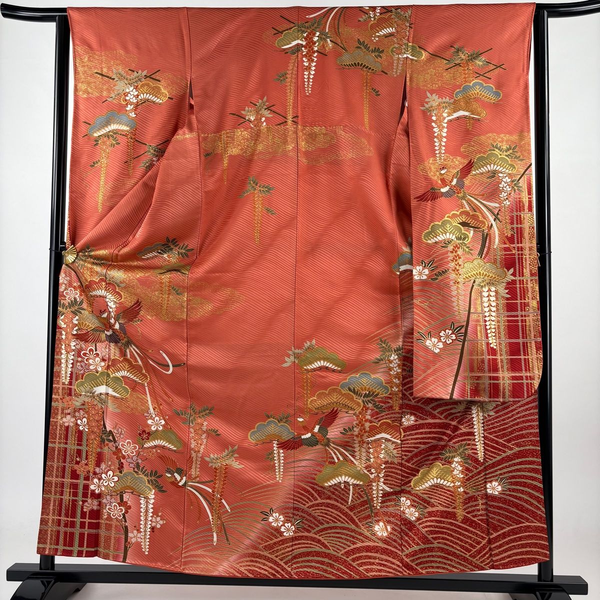 振袖 身丈159cm 裄丈63cm S 袷 鳳凰 笠松 金糸 金彩 サーモンピンク 正絹 秀品