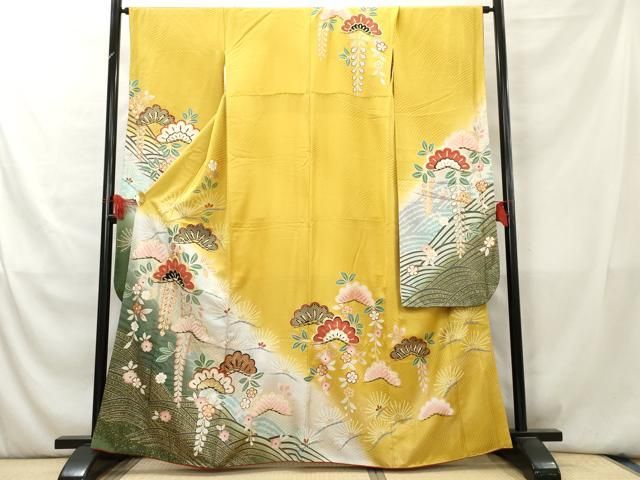 豪華振袖フルセット(7点)・作家物・飛鳥文・落款有・金彩・パールトーン加工・逸品 平和屋着物○豪華振袖 駒刺繍 地紙飛鶴花文 金彩 正絹 逸品