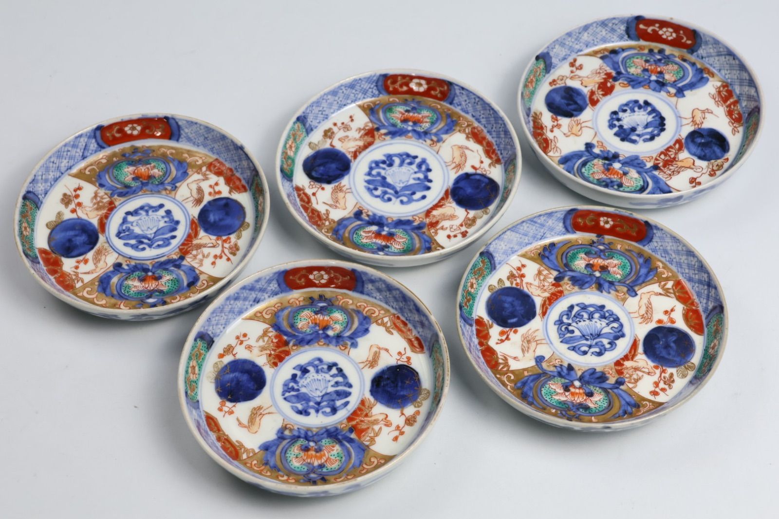 827 色絵 花 鶴 古伊万里 伊万里焼 骨董 アンティーク 小皿 5客セット