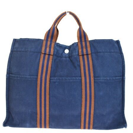 【中古】 エルメス HERMES フールトゥ MM トートバッグ ハンドバッグ ネイビー ブラウン キャンバス 07HD328