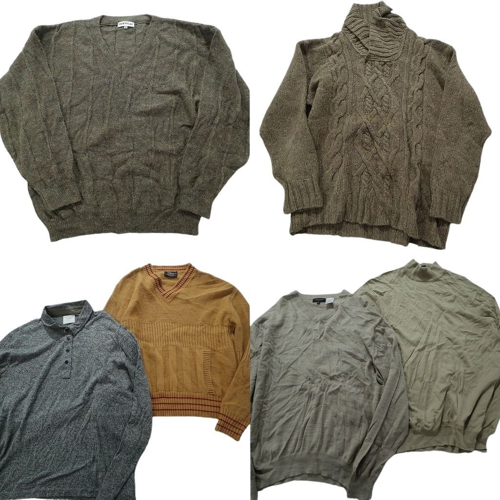 古着卸 まとめ売り 無地ニットセーター  素材MIX 6枚セット (メンズ XL ) 襟付き ケーブル編み Vネック ハーフネック MW3833