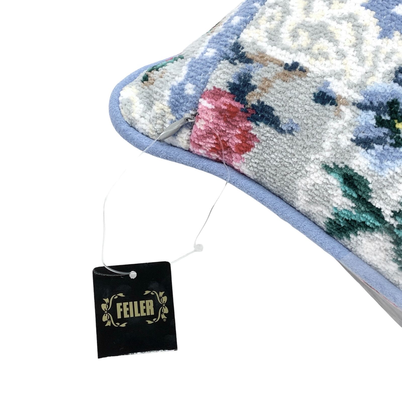 FEILER フェイラー フラワーパッチワーククッション 水色 グレー