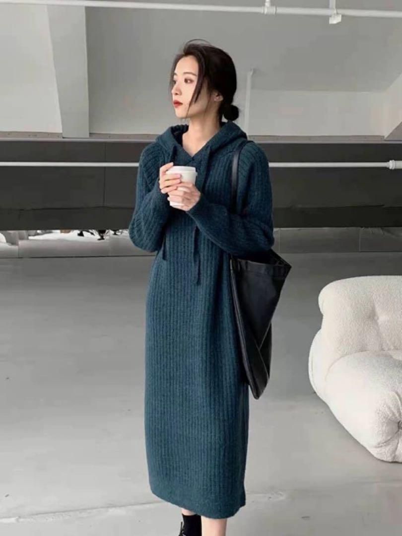新品未使用 リブ編みフード付きロングワンピース セーター