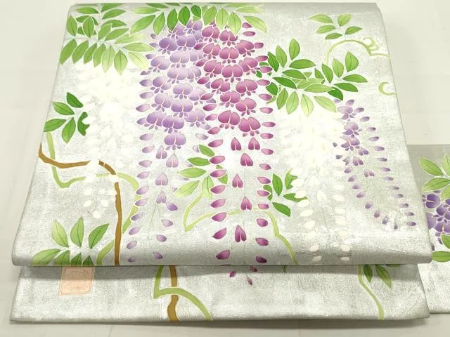 銀座新松 絽 夏帯 落款入 手描友禅 切り帯 作り帯 金彩 銀彩 正絹 N015 銀座新松 絽 夏帯 落款入 手描友禅 切り帯 作り帯 金彩