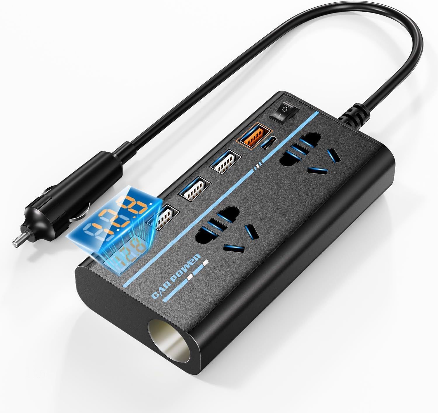 【2024新登場強化版】200W インバーター カーインバーター DC12VをAC110Vに変換 コンバーター 電圧表示 シガーソケット 8ポート 車載用充電器 超軽量 コンバーター 車 車載用インバ