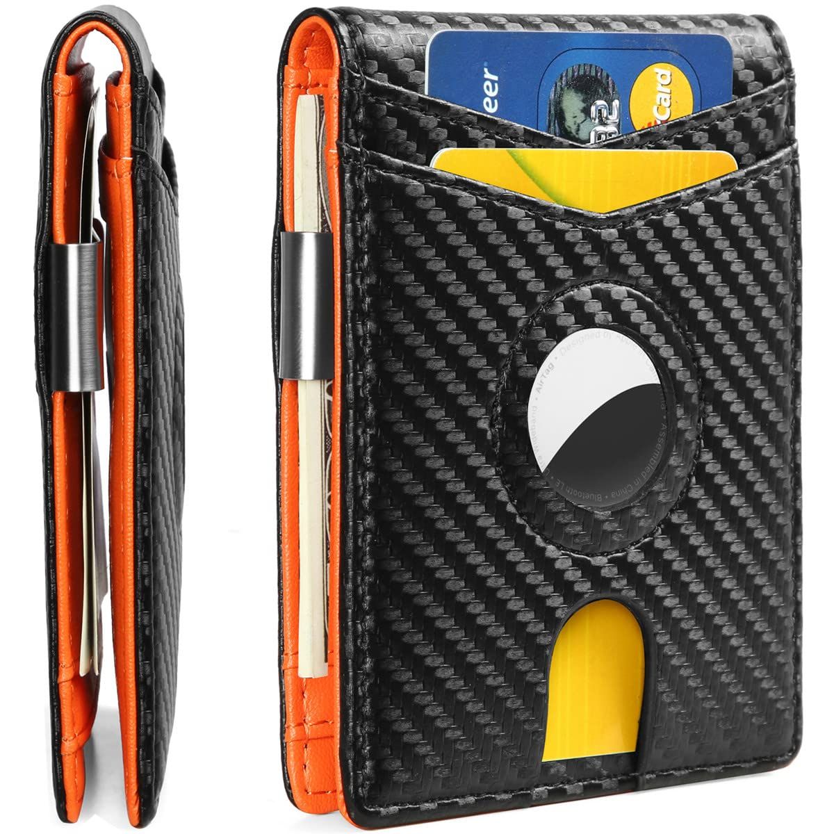 Huztencor AirTag ウォレット メンズ スリムウォレット マネークリップ付き RFIDブロック 二つ折り クレジットカードホルダーケース Apple Air Tag カーボンファイバーブラック-オレンジ カーボンファイバーブラックとオレンジ
