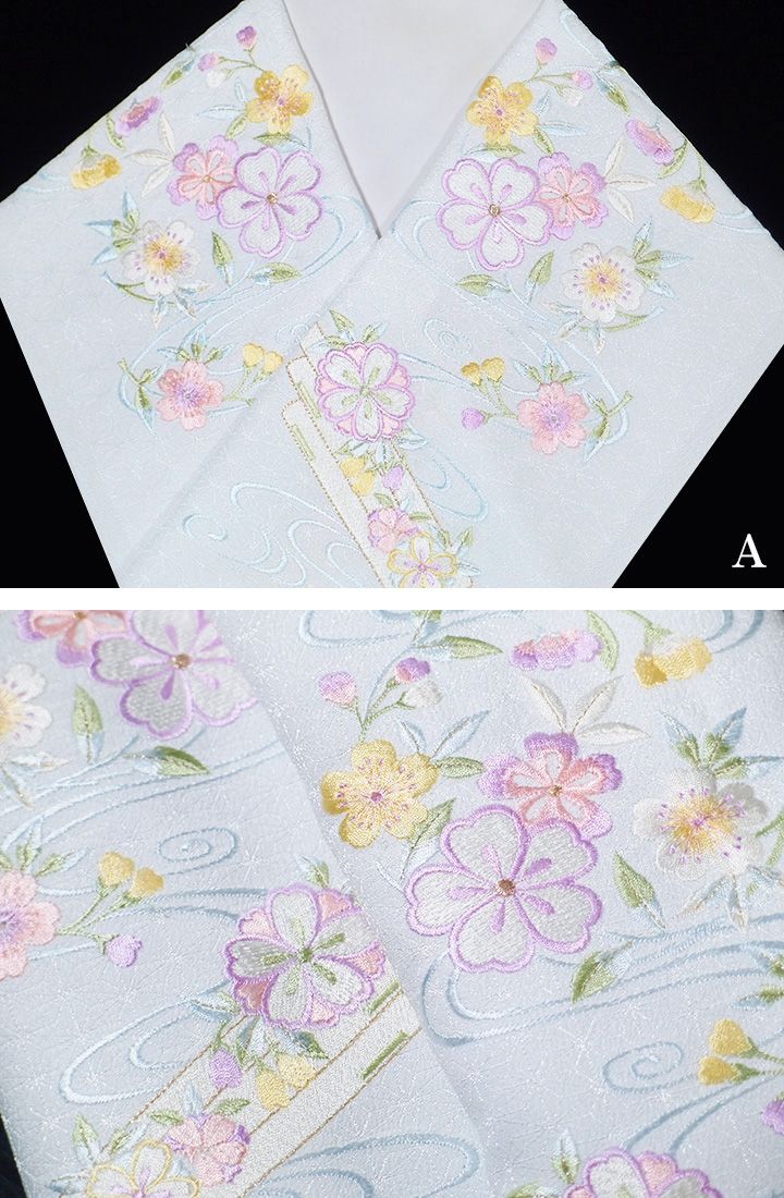 半襟 刺繍 半衿 振袖 成人式 岡重 花 古典柄  花筏 桜 流水 麻の葉 紋綸子 白地 日本製 レディース 卒業式 袴姿 フォーマル シルフィル 上品 清楚 華やか 送料無料  No.9 W29 s913　Si