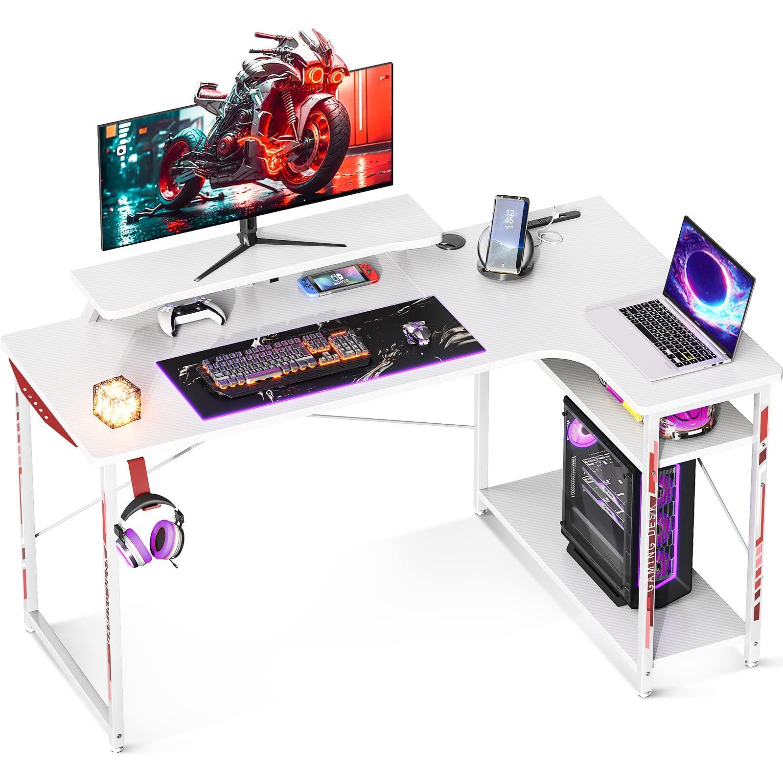 ODK ゲーミングデスク パソコンデスク 幅130 l字デスク コンセント付き pcデスク デスク 机 ラック付き コーナーデスク 収納 オフィスデスク 組立簡単 右棚 カーボン調ホワイト